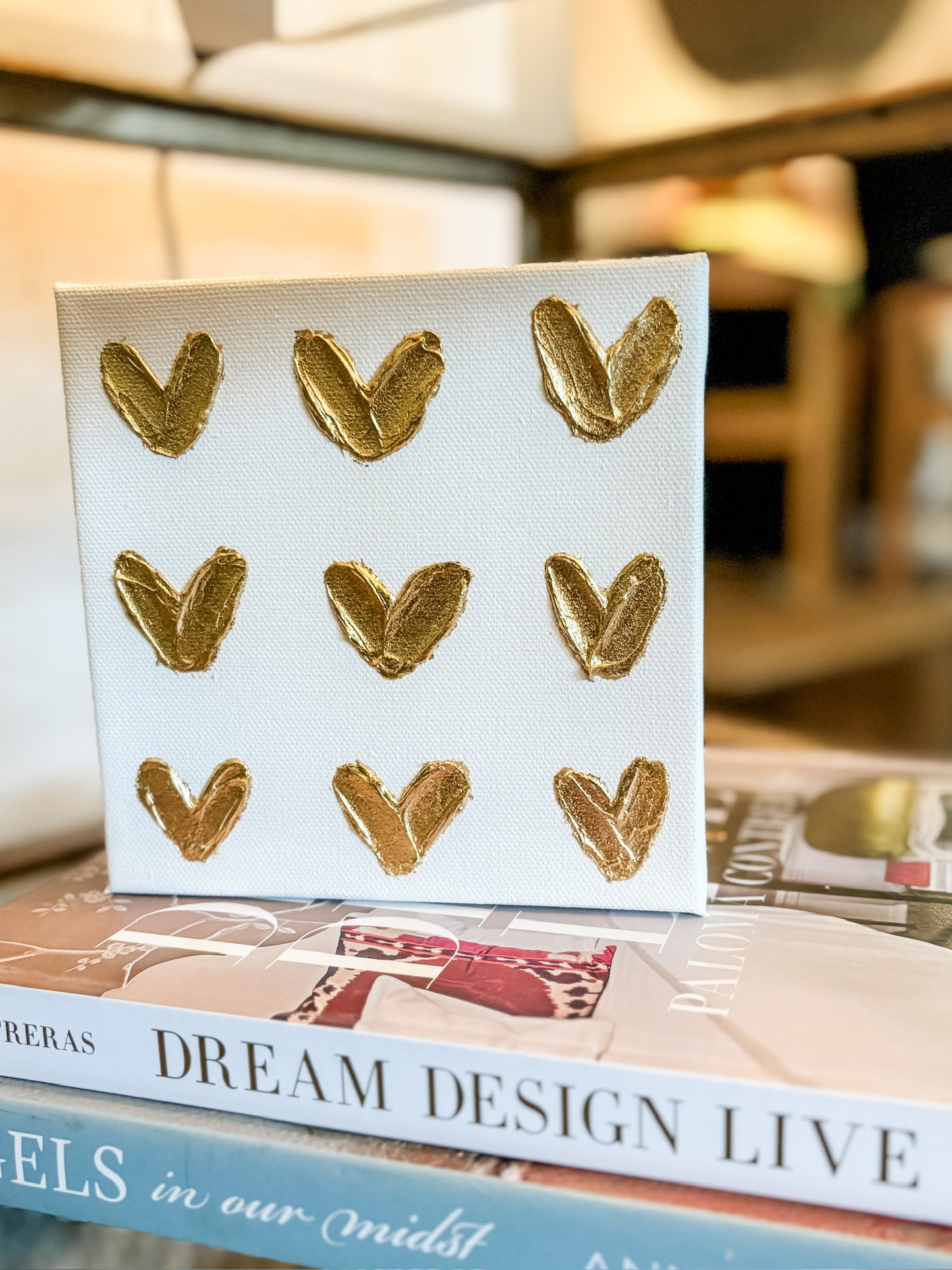 6x6 Canvas - 9 Gold Painted Hearts
